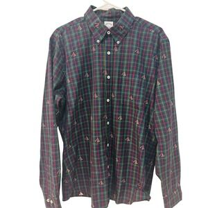 Brooks Brothers Regent Fit‎ Tartan Plaid Skiing Embroidered Button Down L